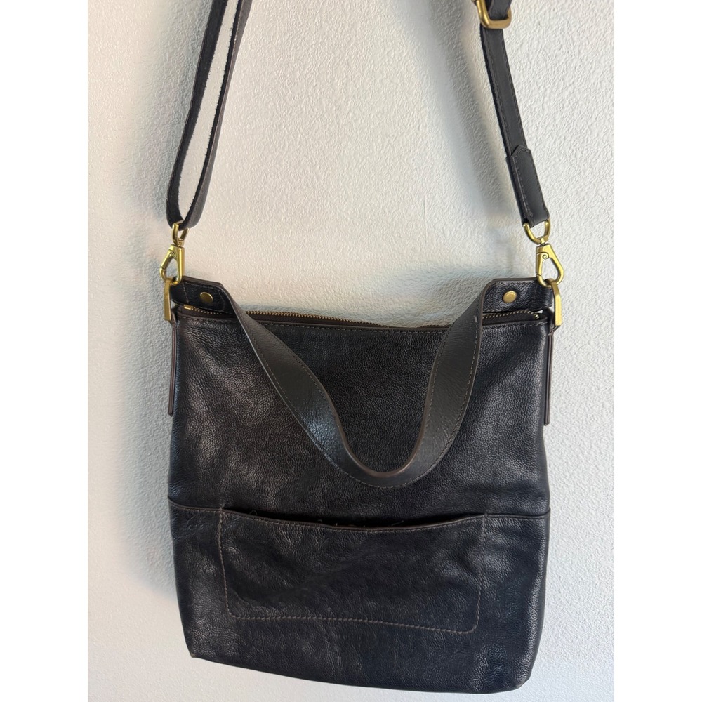 Fossil Crossbody Shoulder Bag Women Large Black Leather Brass Zipper